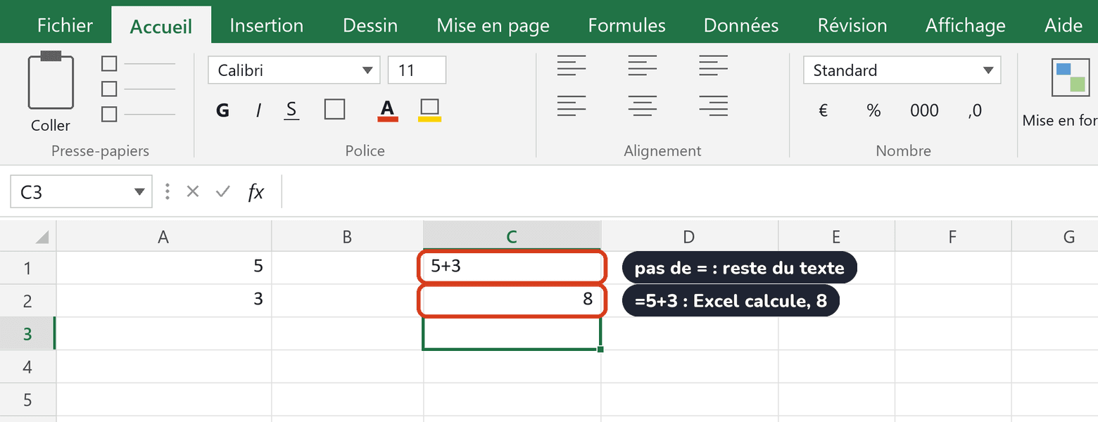 Sans le =, 5+3 reste du texte (C1) ; avec =5+3, Excel calcule et affiche 8 (C2)
