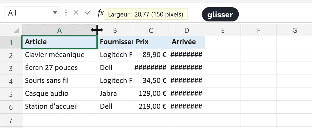 En glissant la bordure entre A et B, l'info-bulle affiche la largeur en cours