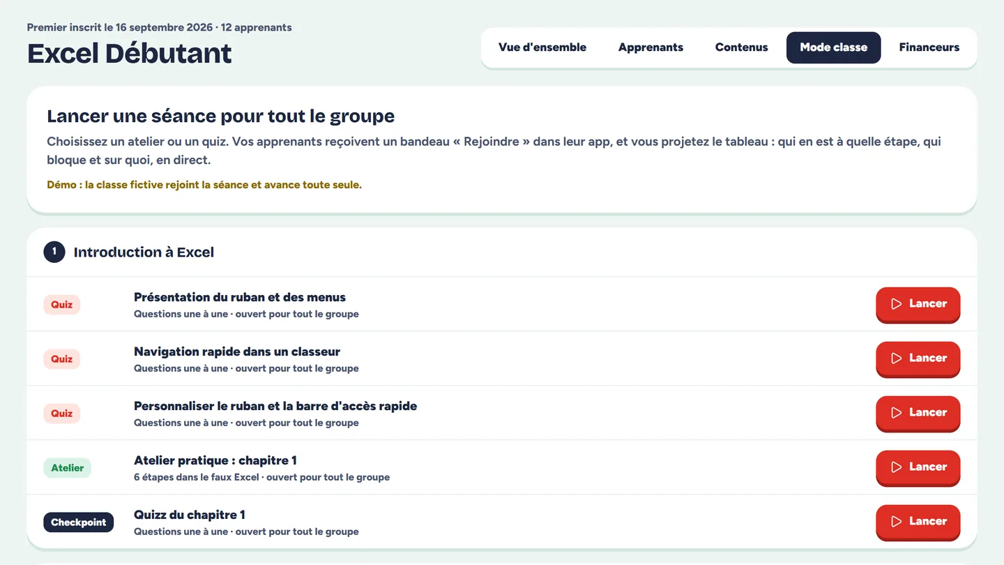 L'onglet Mode classe : chaque quiz et atelier du chapitre a son bouton Lancer pour tout le groupe.